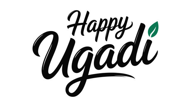 Handwritten happy ugadi greeting in green and black calligraphy with decorative leaf