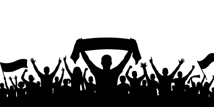 Silhouette of a crowd of cheering sports fans holding flags and a scarf cheering and celebration for their team in soccer championship. Vector illustration.
