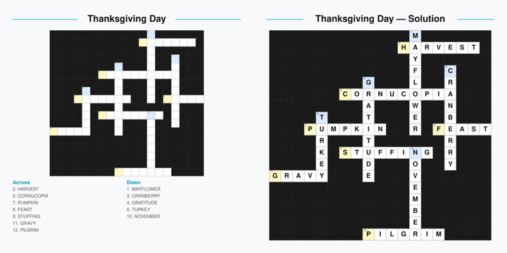 Thanksgiving themed printable crossword puzzle. Autumn holiday vocabulary game with harvest word clues and solution. Black and white educational activity worksheet template