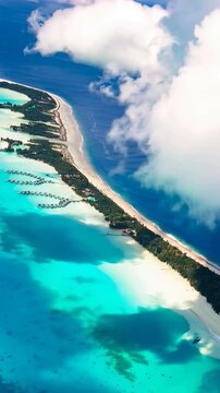 Bora Bora Island, French Polynesia. Aerial view of the island. Vertical video