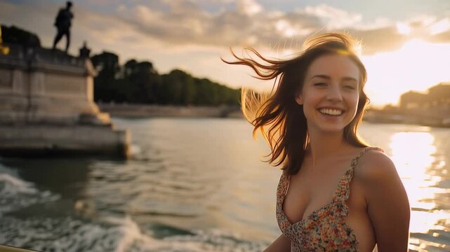 Girl enjoys sunset on a ship near the Eiffel Tower while the sun sets over the water in Paris with boats nearby