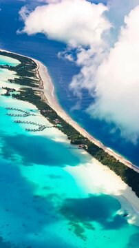 Bora Bora Island, French Polynesia. Aerial view of the island. Vertical video