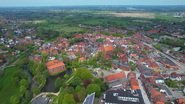 Aerial view around the old town of the city Winsen in north Germany on a sunny spring day