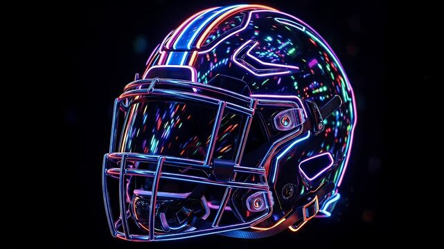 Neon Football Helmet with RGB Reflections - A captivating close-up of a football helmet outlined with bright neon lights.