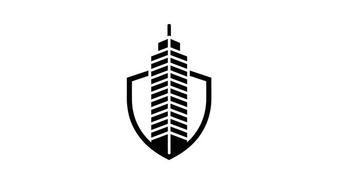 Black shield with skyscraper logo icon.