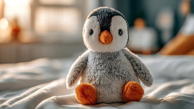 Cute plush penguin sitting on a hospital bed as a symbol of comfort and emotional support for children