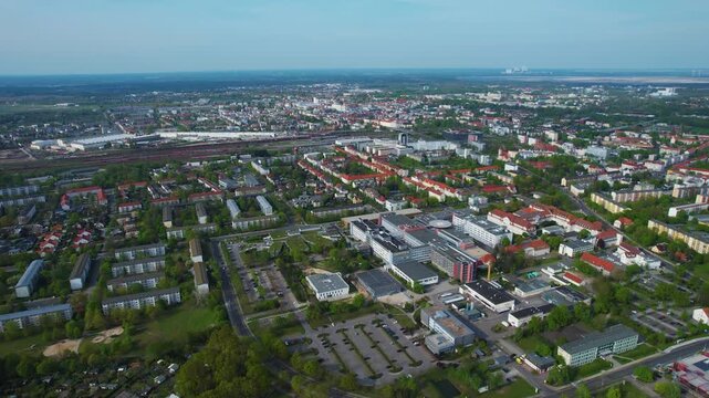 Aerial view around the old town of the city Cottbus in east Germany on a sunny spring day