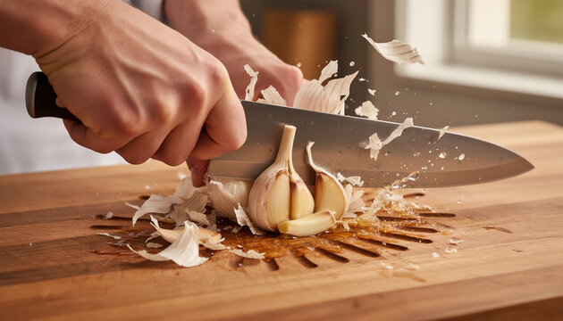 Dynamic close up of a chef hand crushing a fresh garlic bulb with a large kitchen knife on a wooden board with paper skins flying in the air with action motion