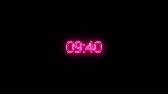 Neon pink countdown digital clock on black background showing ten minutes decreasing to nine minutes.