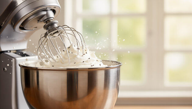 Close up of a modern silver stand mixer actively whipping fluffy white meringue cream with flying splashes in a bright sunny domestic kitchen interior