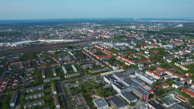 Aerial view around the old town of the city Cottbus in east Germany on a sunny spring day