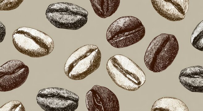 Detailed hand-drawn coffee beans scattered in a repeating pattern