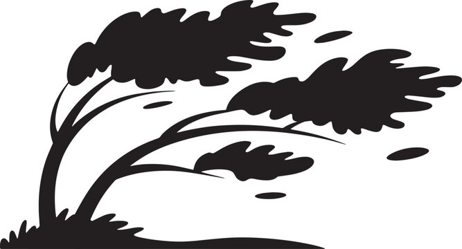 Minimalist black silhouette illustration of trees bending in strong windstorm isolated on a clean white background weather icon