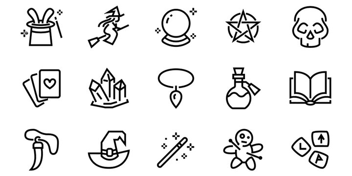 Magic Line Icon Set, Witch Wizard Mystic Vector Transparent Background