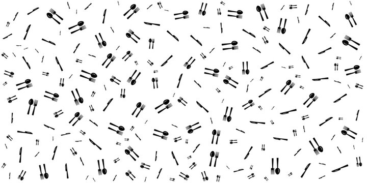 Seamless black and white pattern of cutlery, featuring minimalist illustrations of forks, knives, and spoons arranged vertically on a clean white background