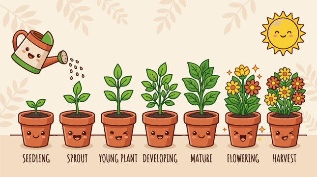 Kawaii plant life cycle stages illustration with watering can and sun.