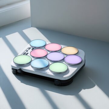 Illuminated, circular pads on a white electronic music device