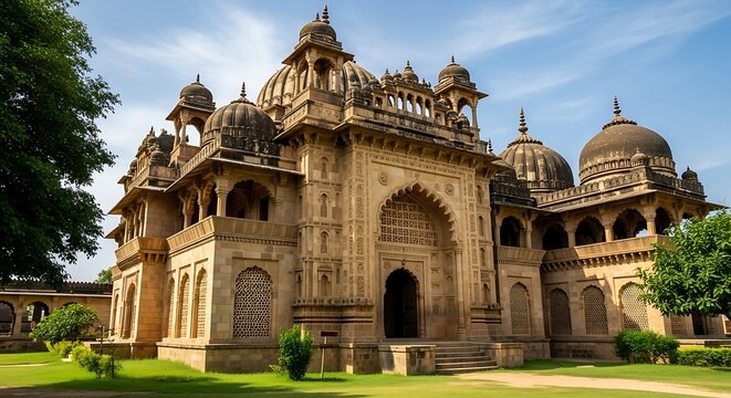 Ornate historical sandstone monument with domes and intricate carvings under sky