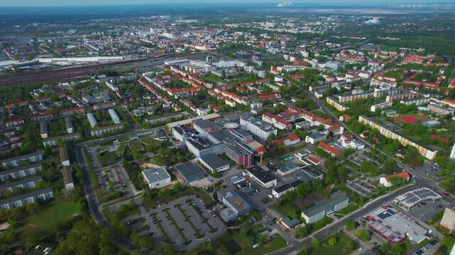 Aerial view around the old town of the city Cottbus in east Germany on a sunny spring day