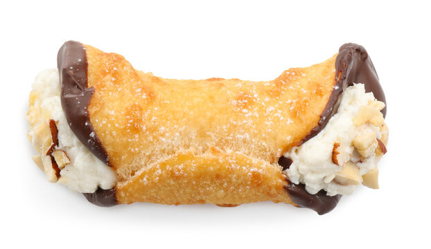 Delicious canoli with cheese, chocolate and almonds isolated on white, top view