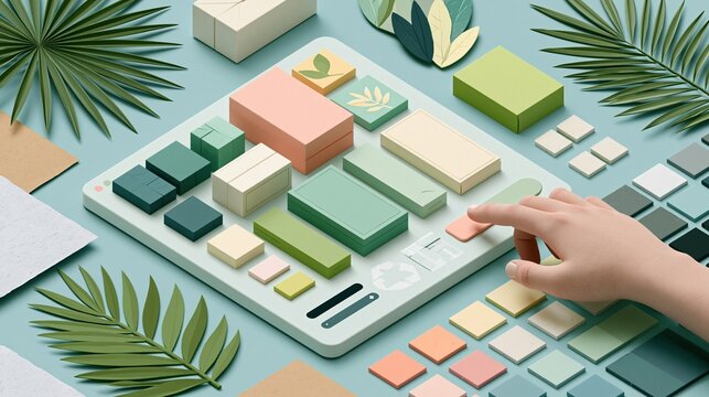 Isometric 3D illustration showcasing a user hand interacting with ecofriendly packaging selections on a sleek online configurator surrounded by recycled paper textures and color
