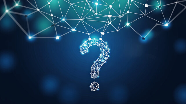Question mark glowing with network connection, abstract futuristic background, digital technology concept, problem solving, innovation, data analysis, and communication.