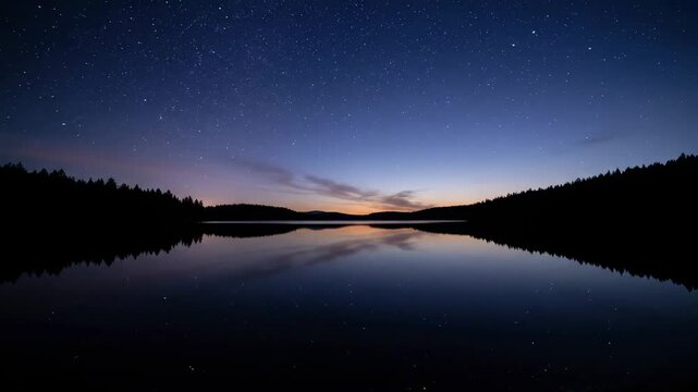 Serene nighttime lake scene with mirrored reflection of trees and sky