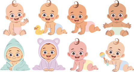 Fototapeta premium Cute Cartoon Baby Character Set with Happy Toddlers Crawling Sitting Wearing Hooded Towel Romper and Playing with Rattle Toys Vector IllustrationCute Cartoon Baby Character Set with Happy Toddlers Cra