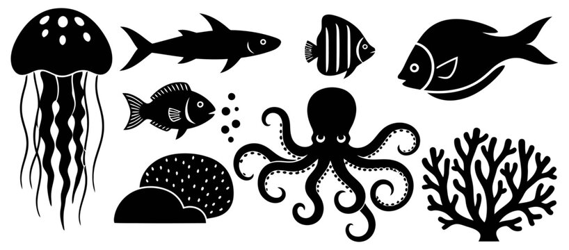 Black silhouette marine life collection jellyfish fish octopus coral