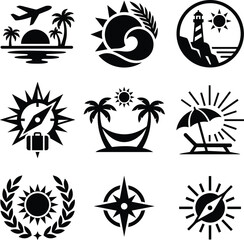 Obraz premium Collection of nine black stylized travel and vacation icons representing airplanes palm trees lighthouses compasses and beach scenes isolated on transparent background