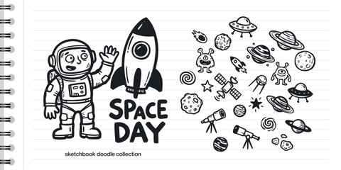 Hand drawn space doodles set with astronaut and rocket on notebook paper for space day © Studio181