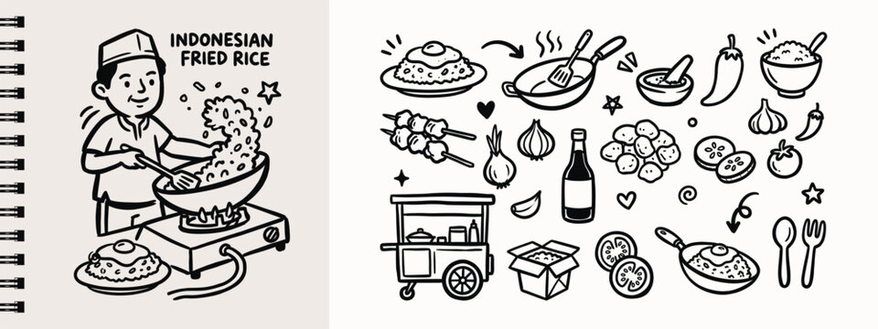 Hand drawn Indonesian fried rice doodle set with chef cooking and street food icons