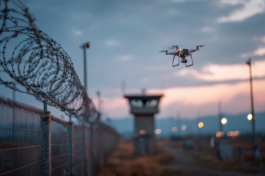 Modern border surveillance: drone monitoring a restricted perimeter with a guard tower