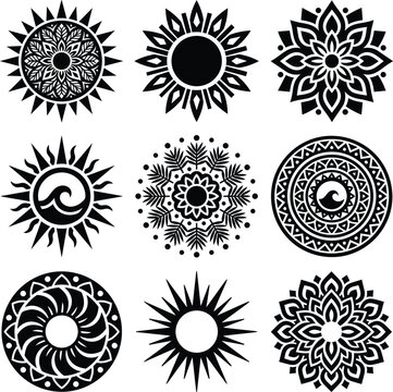 Collection of nine distinct black sun and mandala style graphic designs isolated on a transparent background for diverse creative applications