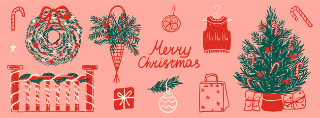 Hand drawn Christmas collection with pine tree, festive wreath, holiday sweater and gift boxes. Cozy scandinavian doodle style winter greeting elements © Aliaksandra