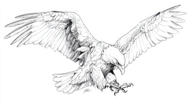 Monochrome eagle line drawing with brush-painted shading in mid-air attack pose