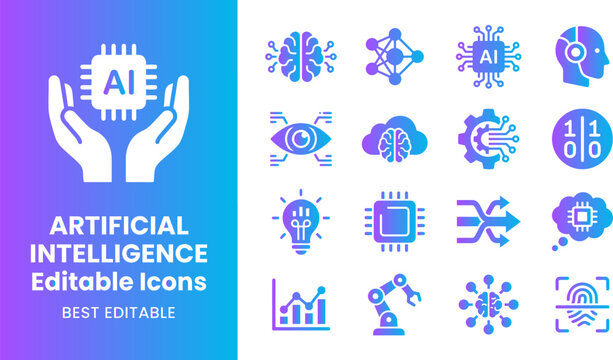 Artificial intelligence editable icons set machine learning neural networks and brain technology symbols.