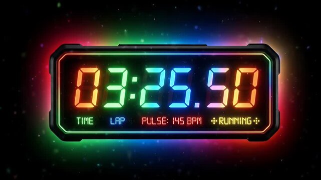 RGB Glowing Sports Timer with Pulse Animation - A vibrant digital sports timer displays "03:25.50" with glowing RGB numbers, indicating "TIME", "LAP", "PULSE: 145 BPM", and "RUNNING".