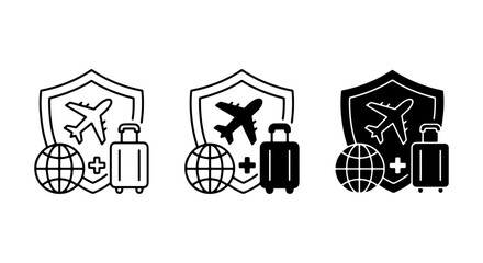 Fototapeta premium Travel Insurance Icons, Airplane Protection Shield, Global Luggage Security, Health Safety Vector Set
