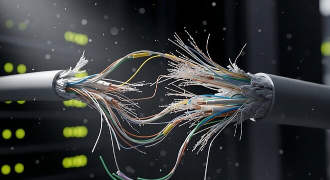 Severed Fiber Optic Cable Exposing Colorful Wires in Dark Server Room