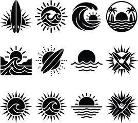Collection of stylized black surfing icons representing waves sun surfboards palm trees and coastal elements isolated on transparent background for summer or beach themes © Nayon
