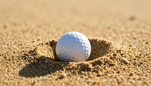 Golfball eingebettet im feinen Sand eines Bunkers