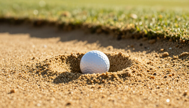 Golfball liegt eingebettet im Sandbunker auf dem Golfplatz
