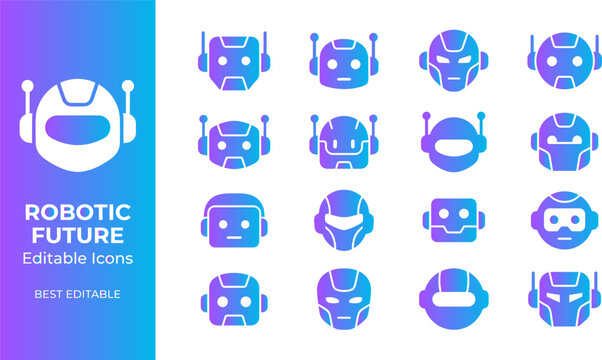Robotic future icons set editable gradient flat design technology objects.
