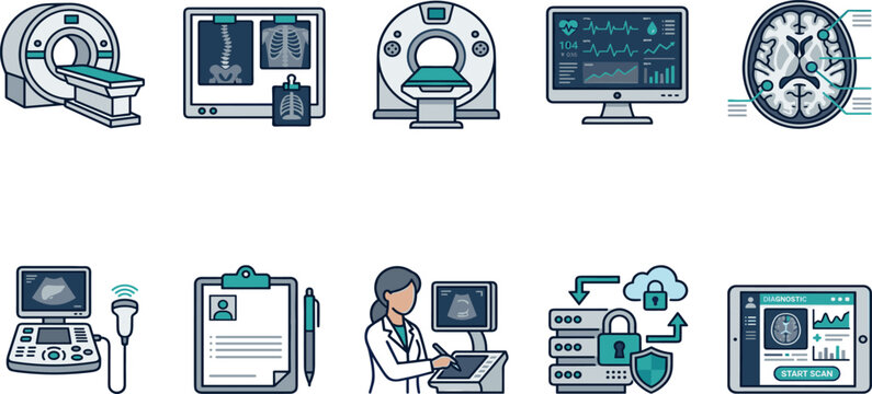 Medical Diagnostic and Healthcare Technology Icon Set Featuring MRI Scanners, Ultrasound Devices, Brain Imaging, Patient Monitoring, and Hospital Equipment Illustrations