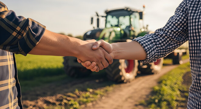 Two farmers shaking hands in front of a tractor on a farm