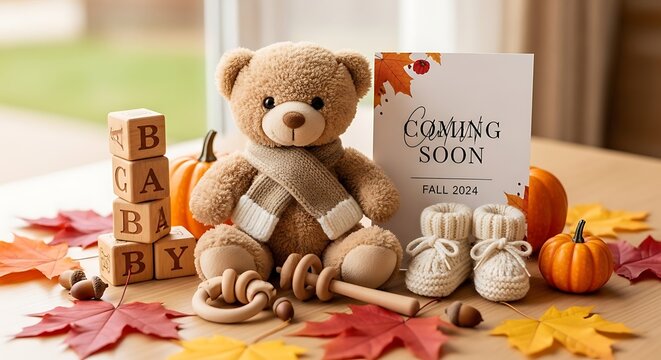 Cute Teddy Bear with Baby Blocks and Autumn Announcement on Wooden Table