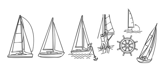 Sailboat icons set line art, sailing ships and nautical elements for marine design. Minimalist yacht illustrations, sea vessel symbols, steering wheel, captain anchoring boat, vector graphic collectio © Dinali