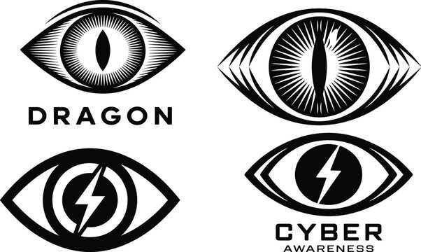 Collection of eye and dragon-themed illustrations with cyber awareness elements in black on a white background