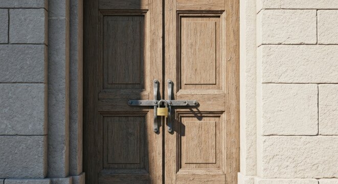 Wooden double doors, locked, framed by stone wall with subtle light